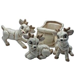 Vintage Ceramic Reindeer Quilted Look Christmas Figurines and Sleigh Set of 4